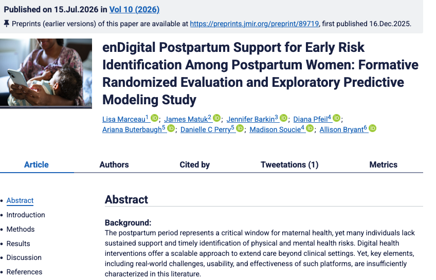 The published paper in JMIR Formative Research: “Digital Postpartum Support for Early Risk Identification Among Postpartum Women: Formative Randomized Evaluation and Exploratory Predictive Modeling Study”